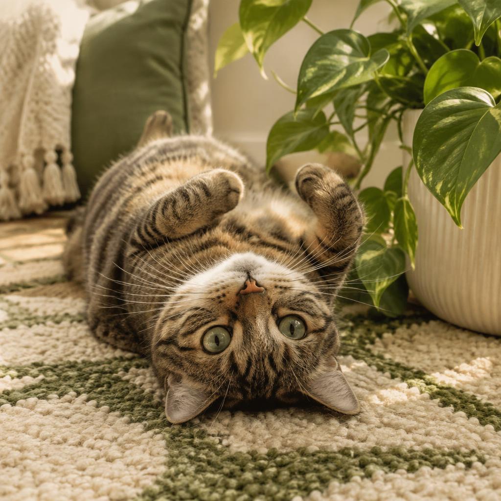 Tabby cat rolling on a rug